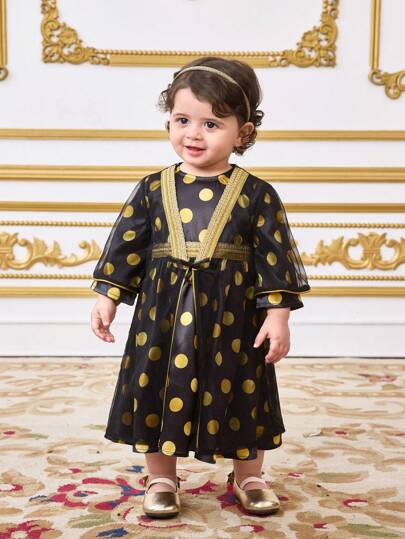 SHEIN Baby Mädchen Schwarz Mesh Polka Punkt Langarm Strickjacke & Kleid 2 Teile Outfit Set, Frühling/Sommer