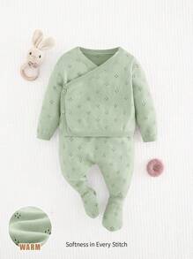 Cozy Pixies Baby Girl Solid Color Wrap Sweater And Leggings Set - Green - View 3