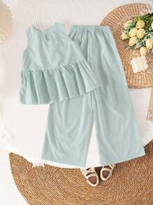 女孩休闲简约圆领无袖宽松纯色衬衫和松紧腰阔腿宽松纯色裤子夏季服装套装 - 薄荷綠 - 查看 2