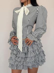 Celure Plus Size Women 2pcs Set: Striped Bowknot Blouse & Cake Skirt