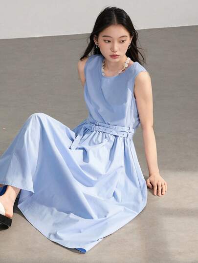 Dazy-Less Vestido de largo medio, con diseño de cinturón de varias capas, color liso, ajustado a la cintura, de estilo informal elegante para mujeres, de estilo antiguo dinero