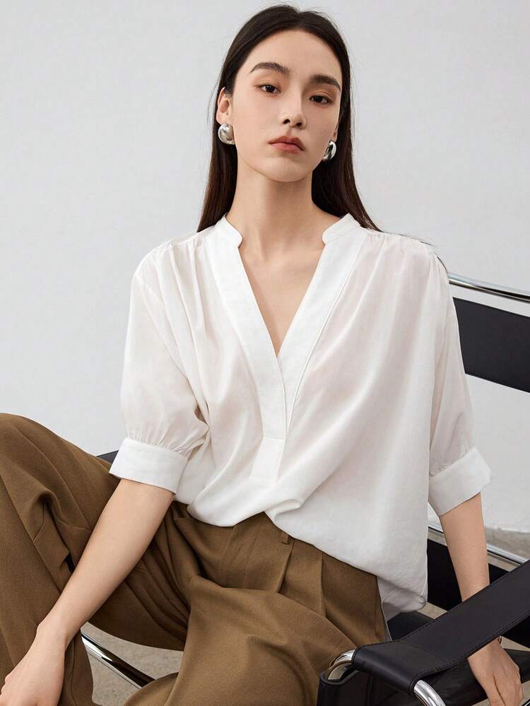 Casual Business V-Neck Short Sleeve Loose Blouse For Women