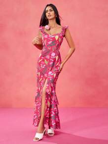 Miriam Omar Designer Boho Bohemian Rose Red Floral Print Ruffled Mid-Slit Maxi Sundress For Spring And Summer Vacation, Festival, Concert Outfit, Ibiza Fits, Prom Dress Brunch Outfits Tea Party Dress Rave Outfit - Hot Pink - View 7