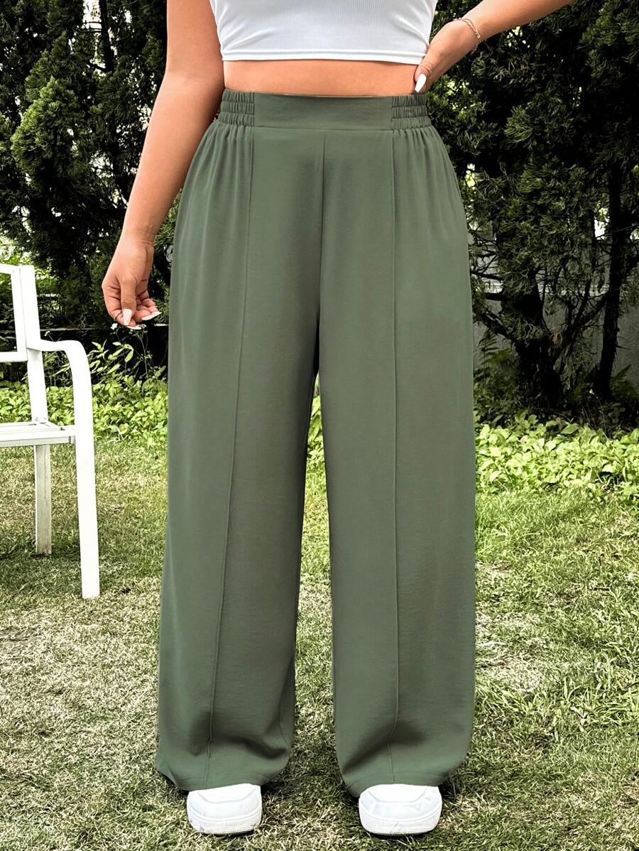 SHEIN EZwear 大码女式纯色松紧腰宽松休闲裤 - 橄欖綠 - 查看 1