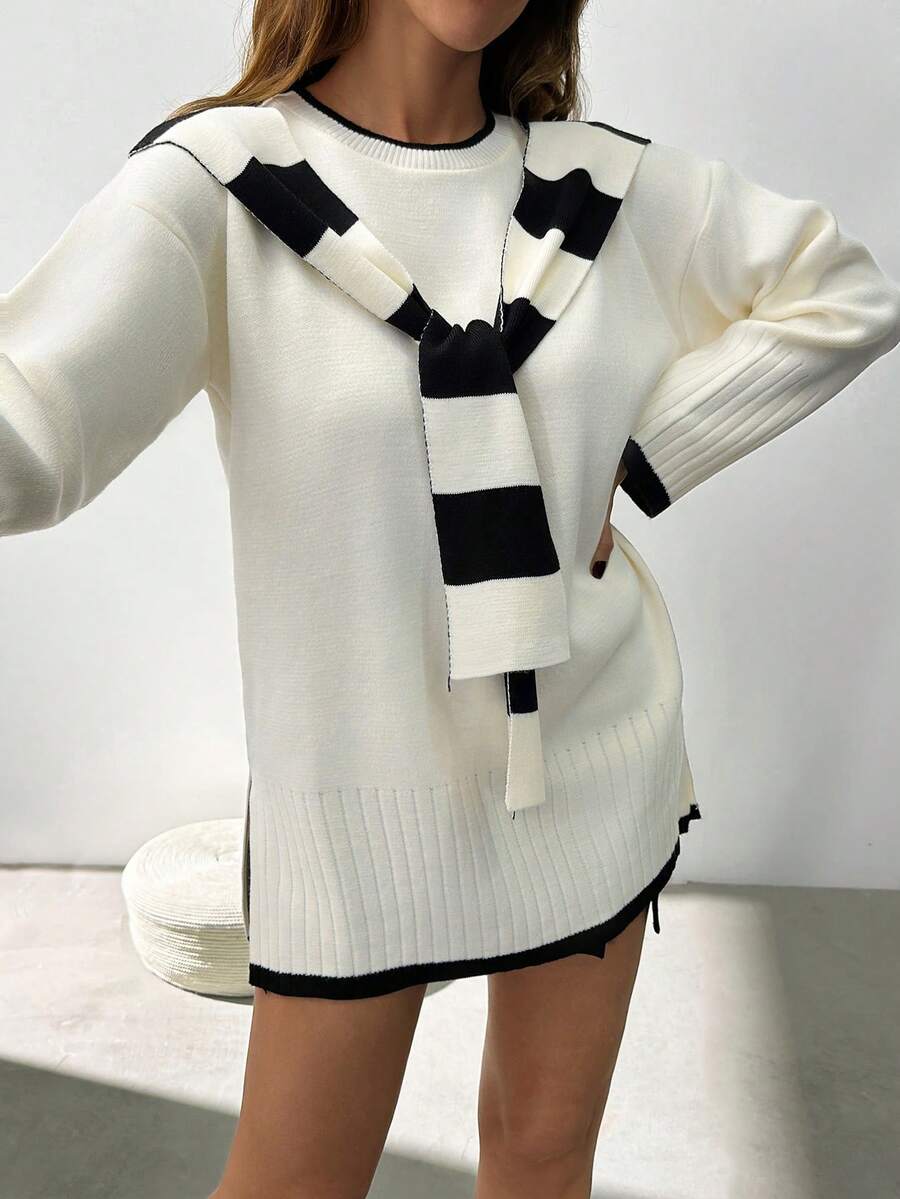EURMUSE Woman Striped Shawl Look Contrast Binding Sweater,Jumper,Jumpers For Women,Cream Jumper,Jumpers,Christmas Jumper,White Jumper,Black Jumper,Ladies Jumper,Women's Jumpers - White - View 1