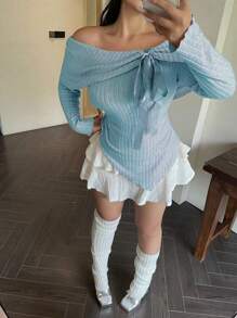 Celure 大码女式纯色露肩长袖罗纹 T 恤 - 藍色 - 查看 3