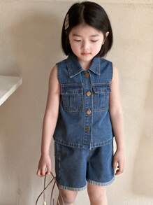 Dazy Kids 小女孩无袖上衣和裤子牛仔套装，女孩夏季服装 - 藍色 - 查看 7