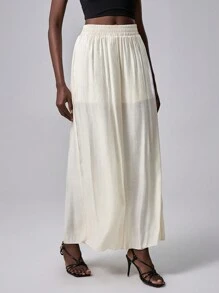 Chiquease 雪纺透明宽松阔腿裤裙，高腰褶皱阔腿裤，需熨烫，新款优雅造型 - 杏色 - 查看 3