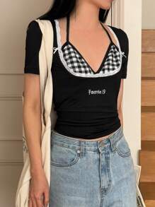 DAZY Camiseta informal de verano estampada a cuadros 2 en 1 para mujer - Negro - Ver 2