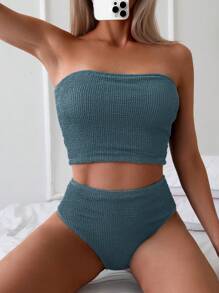 Swim Basics 女士纯色纹理泳衣比基尼套装，适合度假和夏季海滩 - 水鴨藍 - 查看 3