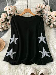 SHEIN LUNE Plus Size Star Print Sweater, Casual Knitted Pullover For Autumn/Winter Fall - Black - View 2