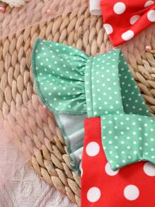 SHEIN Newborn Baby Girl Summer Green Ruffled Shoulder Strap Spliced With Red Polka Dot Jumpsuit Spliced With Mesh Cute Cartoon Strawberry Shaped Outfit And Headband Suitable For Newborn One Year Old Shooting - Red - View 5