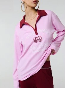 SHEIN Unity Letter Print Contrast Polo Neck Drop Shoulder Long Sleeve Casual Sweatshirt Fall Cloth For Women - Pink - View 1