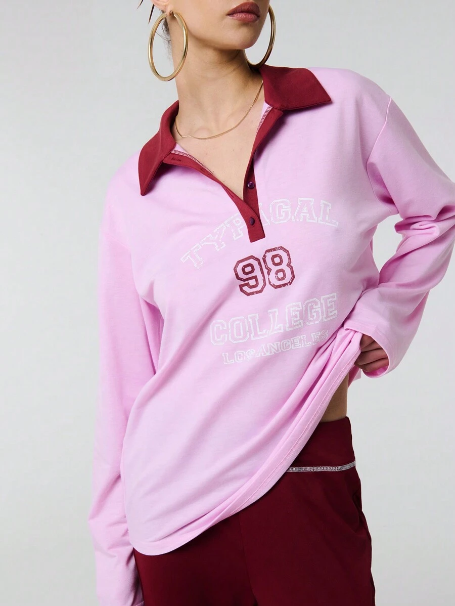 SHEIN Unity Letter Print Contrast Polo Neck Drop Shoulder Long Sleeve Casual Sweatshirt Fall Cloth For Women - Pink - View 1