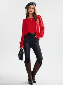 EMERY ROSE Round Neck Solid Ruffle Flare Sleeve Blouse Valentine's Day