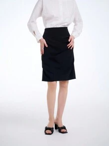 SHEIN Clasi Casual & Commute Plain Asymmetric Ruffle Skirt - Black - View 4