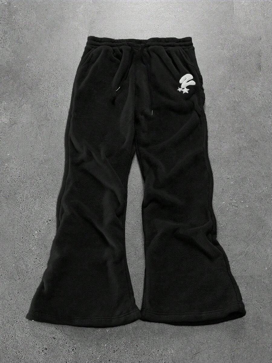 Manfinity Roghcode Manfinity Streetrush Men's Letter Embroidered Drawstring Waist Fluffy Sweatpants, Plush Fleece For Warmth, Coral Fleece, For Rave, Fall/Winter - Black - View 1