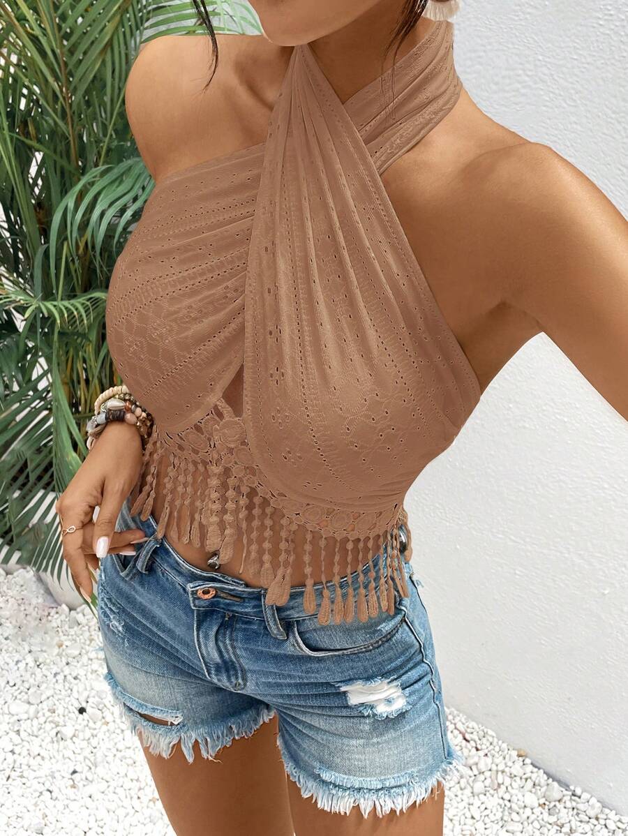 SHEIN VCAY Damen Kontrast Spitze Kreuzriemen Urlaub Cami Top