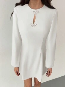 Aloruh Women's Bowknot Decor Round Neck Long Sleeve Elegant Dress - Apricot - View 6