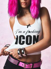 SUMWON WOMEN Icon Statement Tank Top Sleeveless Crop Fashion Text Print Ribbed Summer Festival Club Party Dance Tank - White - View 3