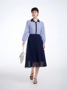 SHEIN Clasi 女式 2024 新款条纹拼接雪纺褶皱休闲中长连衣裙 - 藍色 - 查看 3
