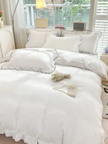 Juego de 3 piezas de ropa de cama con borde floral blanco para dormitorio, 2 fundas de almohada y 1 cubierta de edredón, lavable a máquina, sin relleno