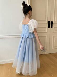 DAZY Tween Girl' Square Collar Mesh Splice Simple Princess Dress, Summer,Back To School Clothes - Blue - View 5