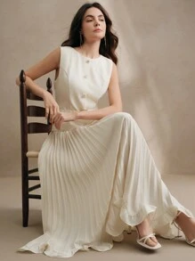 Anewsta 时尚优雅无袖单排扣珍珠纽扣百褶腰连衣裙，适合情人节、暑假、新年、端庄、老钱风格、婚礼嘉宾