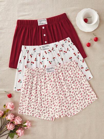CottageSlumber 3pcs Plus Size Sleepwear Sleep Shorts Set, Featuring Elastic Waist Cherry Floral Print