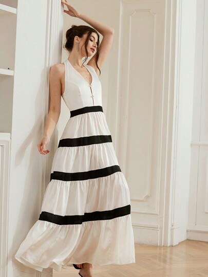 GENKIRA Vestido de satén con cuello halter en V, sin mangas y espalda descubierta, a cuadros blanco y negro, de verano, elegante, con bloques de color contrastantes, estilo boho y de moda para mujer, ideal para vacaciones