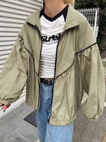 FRIFUL Women Green Loose Design Bomber Jacket, Spring - Green - View 4