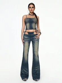 ROMWE Grunge Punk Y2K Rivet 2 In 1 Extremely Low Waist Flare Jeans Pants For Women, Suitable For Concerts & Festivals - Blue - View 3