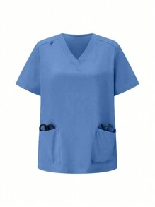 TaskEZ Conjunto de uniforme de verano sencillo con diseño de bolsillo en la Top y los pantalones, conjunto de ropa de enfermería - Celeste - Ver 4