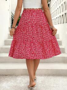 SHEIN Maternity Flowery Print Layered Ruffle Elastic Waist Skirt, Suitable For Vacation - Red - View 2