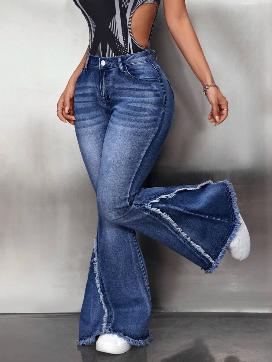 SHEIN ICON 女式休闲破洞修身喇叭牛仔裤 - 藍色 - 查看 1