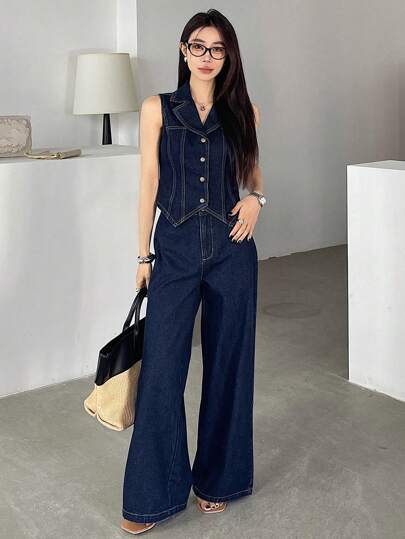 DAZY Bộ đồ denim 2 món cho nữ kèm áo ghi lê hở phía trước và quần ống rộng