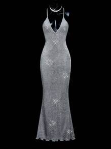 SHEIN ICON Sparkling Silver Crystal Diamond Dress For Women: Mermaid Style Formal Evening Gown,Prom Dress
