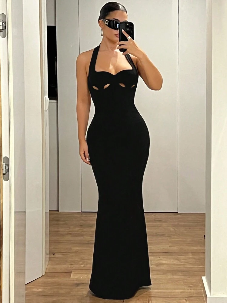 SHEIN ICON Fashionable Hollow Back Halter Maxi Dress, Minimalist & Casual For Everyday - Black - View 3