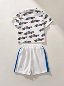 SHEIN Young Boy Front Zip Short Sleeve Allover Print Simple Top And Shorts Casual Outfit Set - Multicolor - View 2