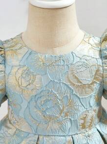 SHEIN Gaun Musim Panas Lengan Pendek Elegan Motif Bunga Lucu untuk Bayi Perempuan - Baby Blue - View 5