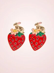 SHEIN MOD Pendientes de tuerca de aleación con esmalte con diseño de fresa y orejas de conejo - Multicolor - Ver 1
