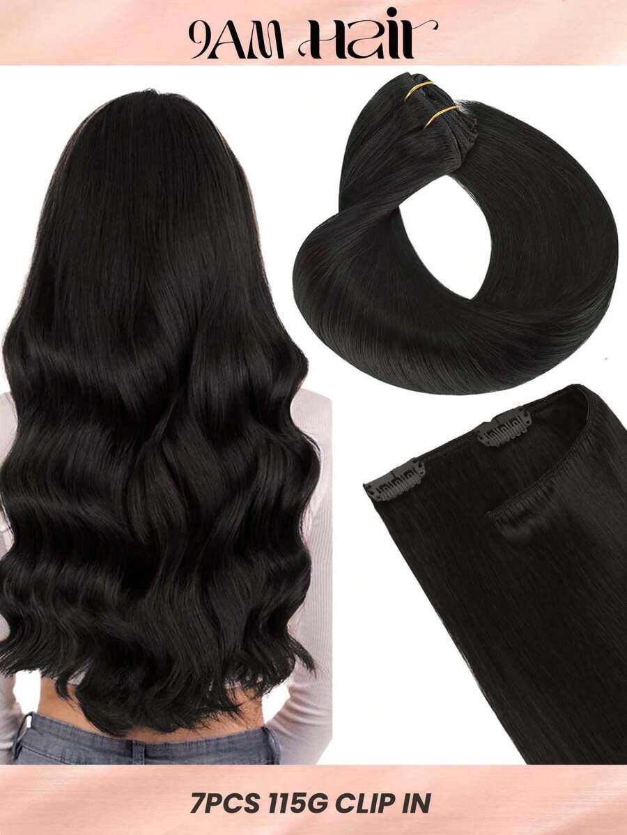7PCS Straight Clip In Hair Extensions 100% Real Human Hair 14-24 Inch 115G Double Weft Invisible Clip Hair Extensions Remy Natural Human Hair For Women Girls Daily Use - S1B - View 1