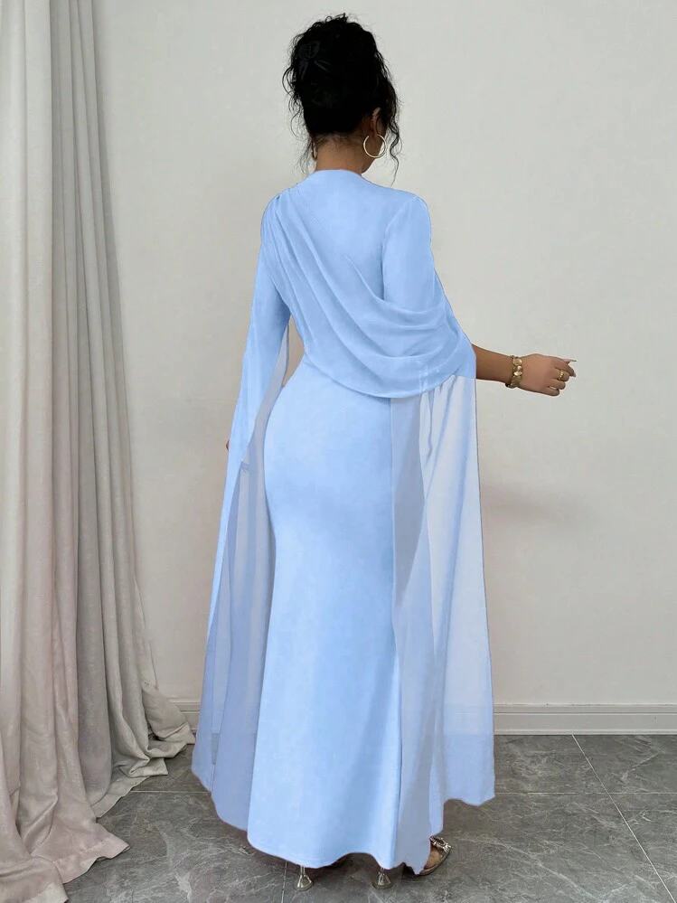 Rafferiza Elegant French Fashion Baby Blue Gown,Wrap Around Sheer Frill  Shoulder Design,High Slit Waist Tight Bodycon Party/Banquet Dining Summer  Dress Women | SHEIN