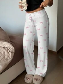 SHEIN EZwear Cute Bow Tied Low Waist Drawstring Yoga Palazzo Pants For Home Wear Suitable For Going Out Fall Clothes Winter Clothes - White - View 1