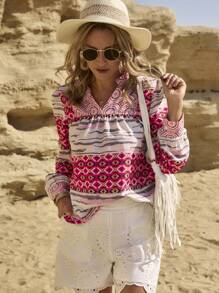 LanaWest Women Geometric Print Long Sleeve Casual Shirt (Printed Pattern Asymmetric) - Pink - View 4