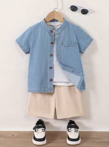 Souflis Souflis 2 Stücke Set Lässiges reines Jeans Hemd und Sport Shorts Outfit, geeignet für Outdoor-Aktivitäten - Blau - Übersicht 4