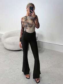 SHEIN Privé Mono elegante y romántico de estilo fashion para mujer, adecuado para fiestas, vacaciones, vuelta al colegio, citas románticas y bodas, con estampado teñido anudado y manga larga - Multicolor - Ver 6