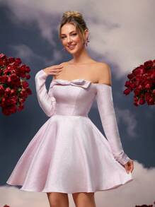 SHEIN Belle Elegante y romántico vestido formal rosa pastel con lazo de tela brillante y mangas largas fuera del hombro, para fiesta de graduación, fiesta de cumpleaños, Día de San Valentín, baile de graduación, vestido de invitado a boda