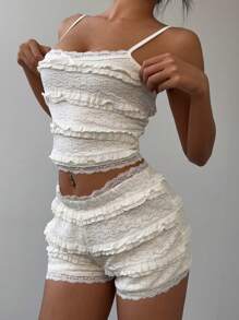 Aloruh 优雅简约蕾丝边吊带背心和迷你热短裤套装，适合居家或户外穿着 - 米色 - 查看 4