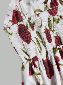 Teen Girls Red Rose Floral Bubble Sleeve Waist Fit Short Dress, Suitable For Spring/Summer, Holiday